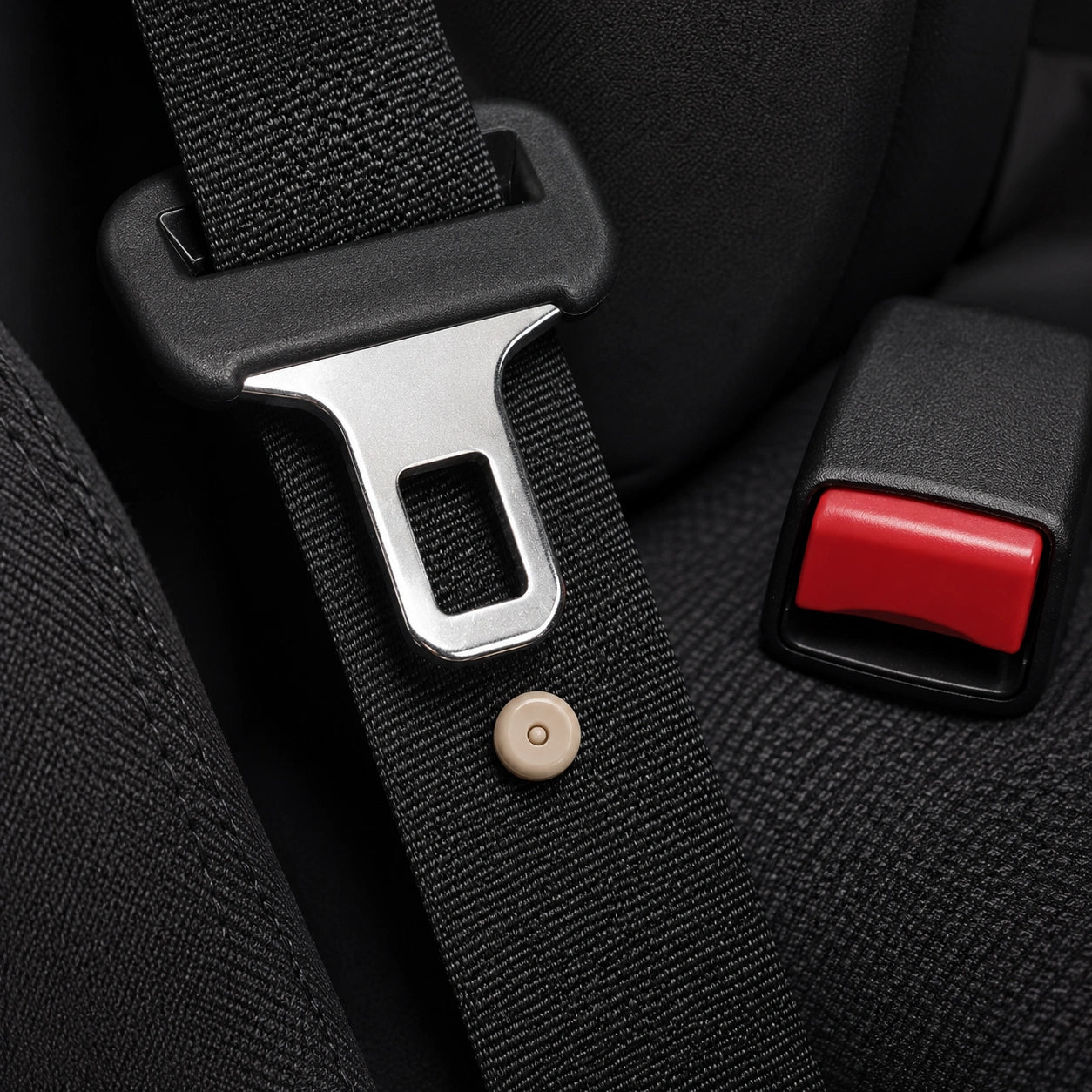 Seat belt button stopper installed on black seat belt webbing inside vehicle